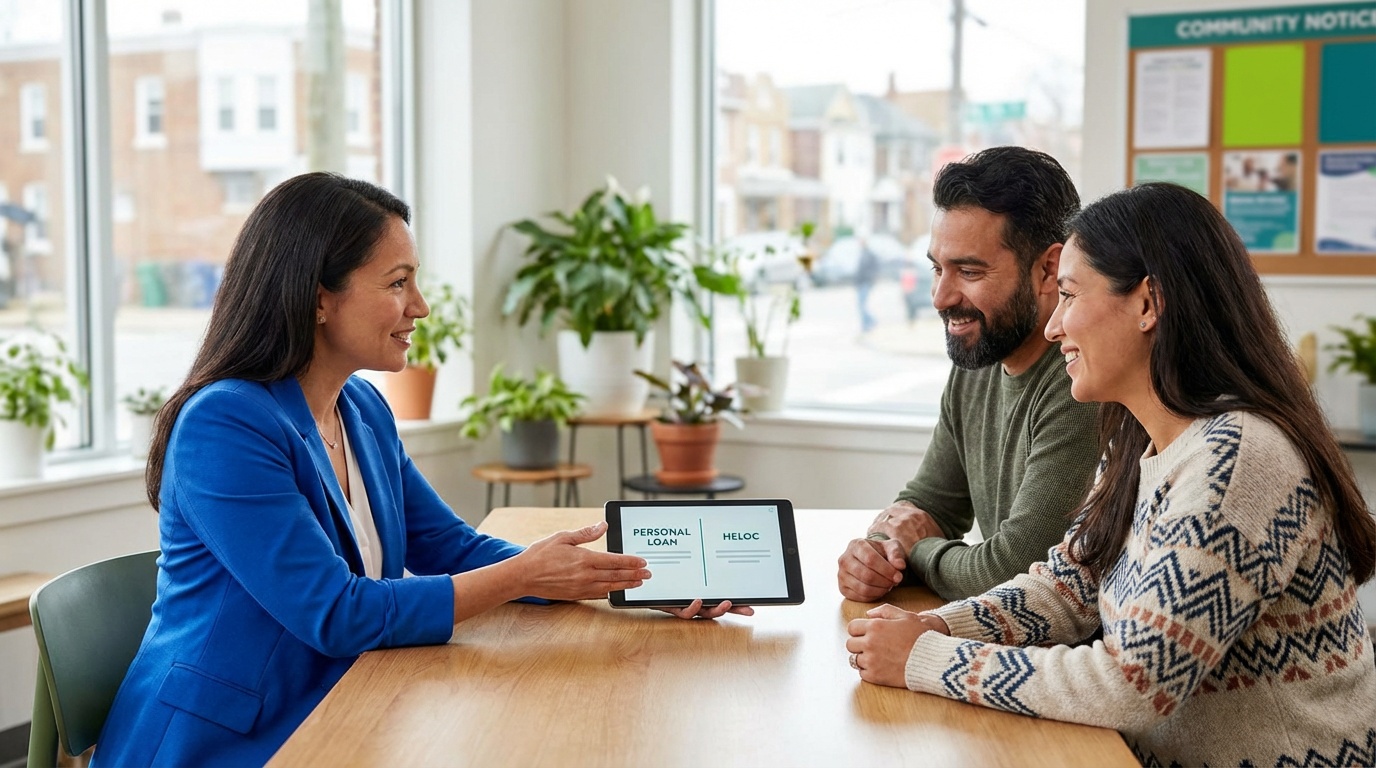 Homeowner comparing personal loan and HELOC options on laptop at kitchen table