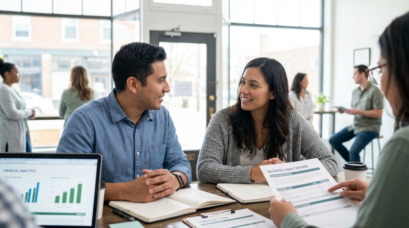 Business owner reviewing tax documents and loan terms with financial advisor