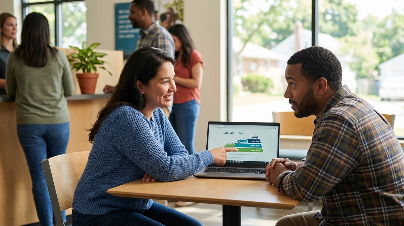 Driver comparing auto loan rates and terms on smartphone inside vehicle