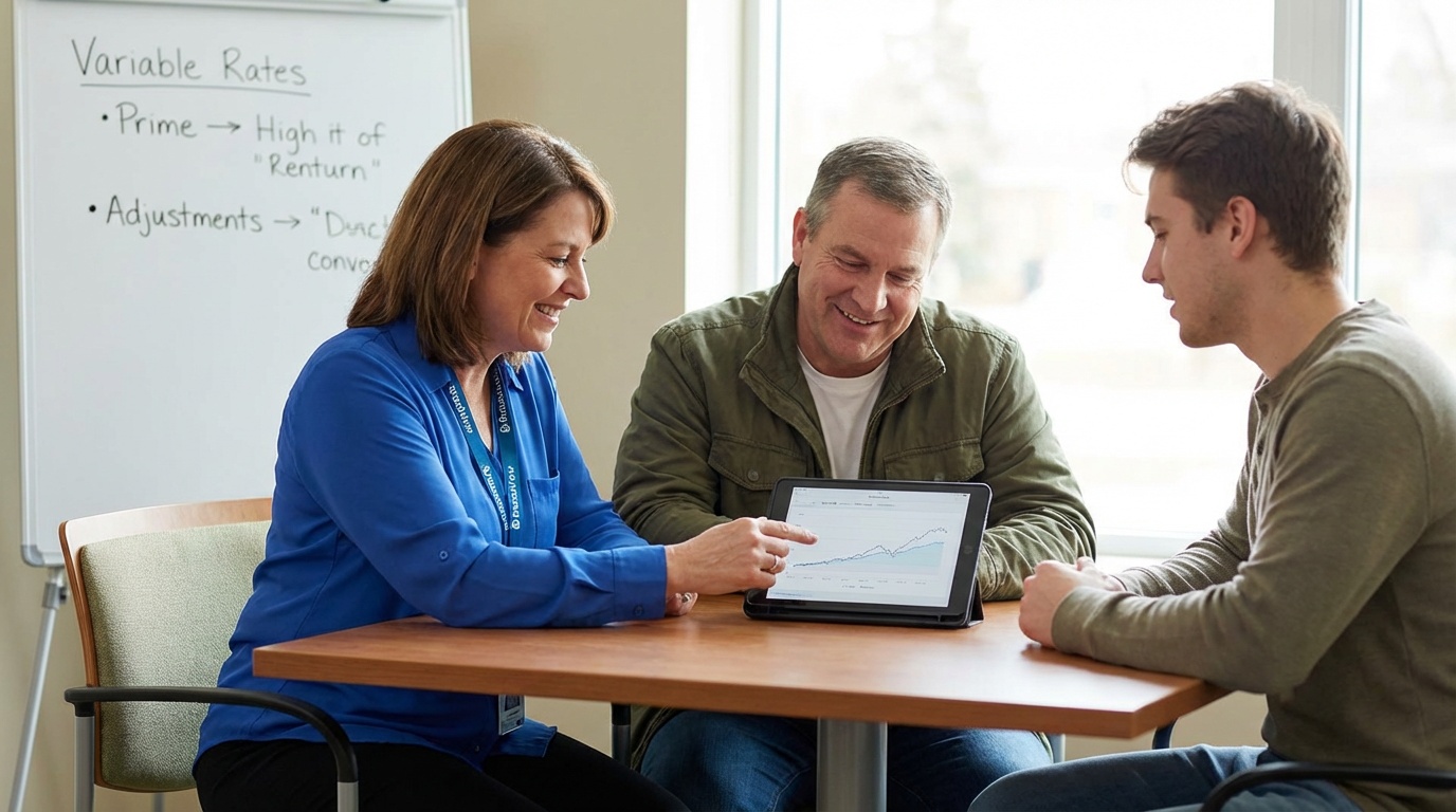 A homeowner reviewing home equity line of credit options with a financial advisor at a credit union branch
