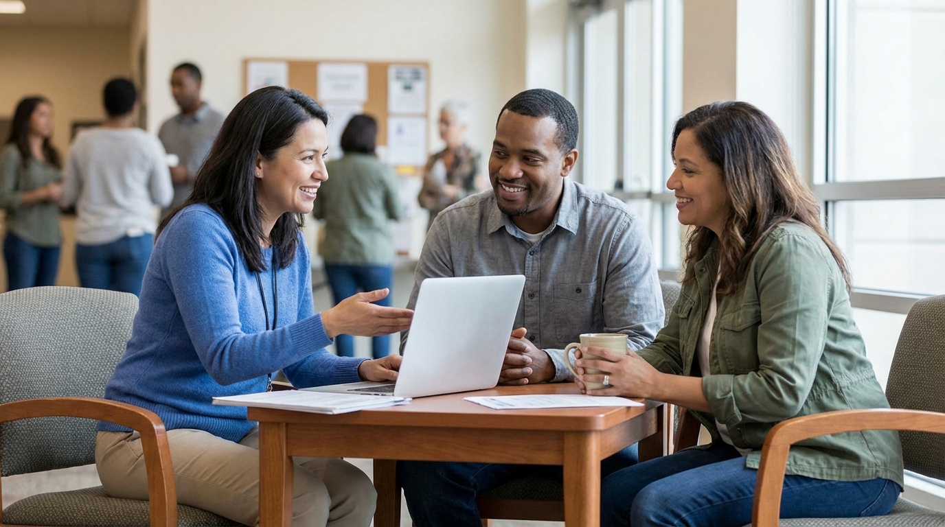 Broadview team member helping young adult with loan application at branch